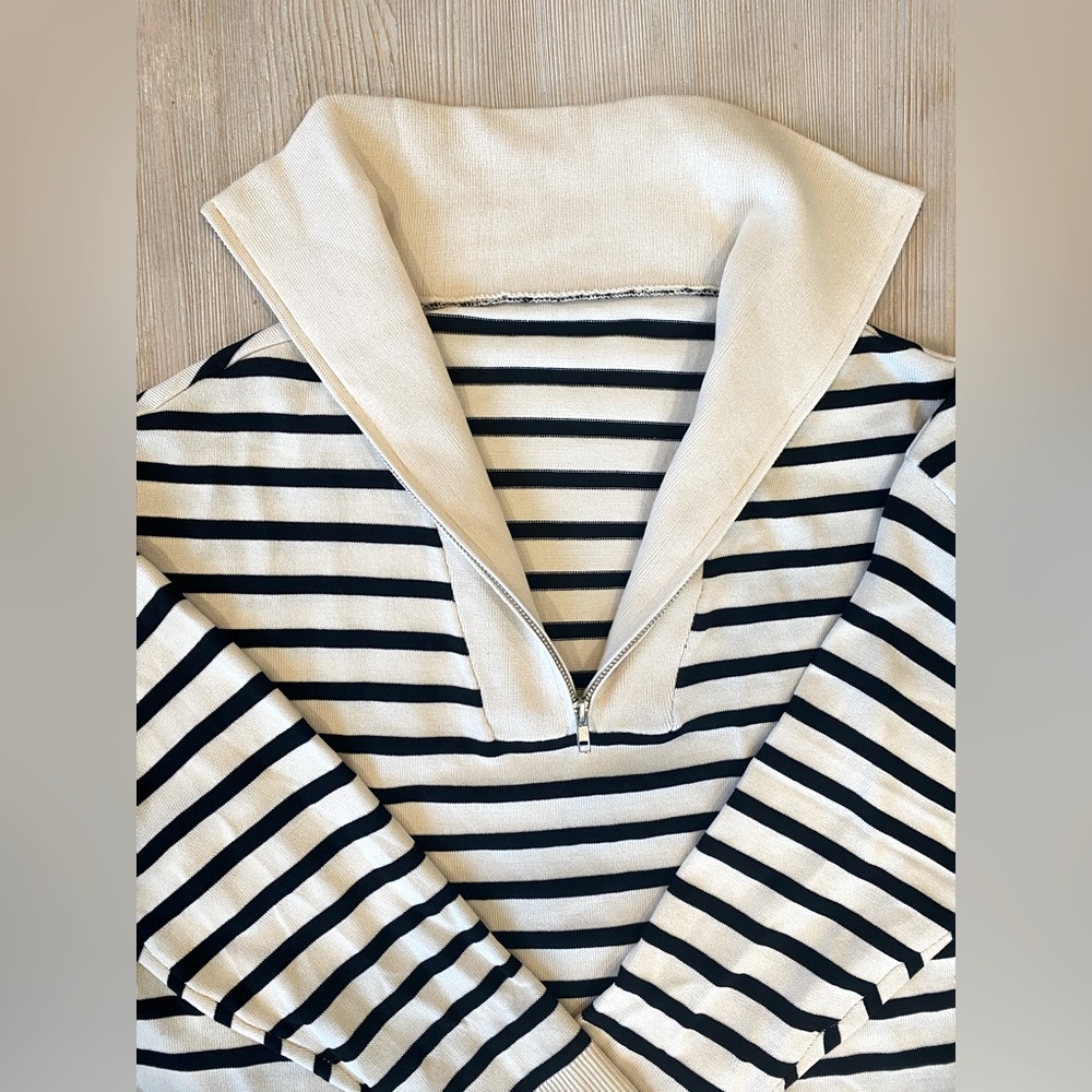 SHEIN Oversized Stripe Half Zip Sweater - Black and Cream